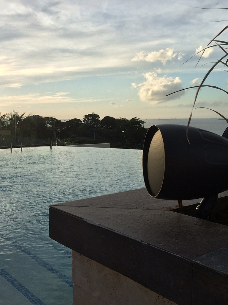 outdoor sound system by pool