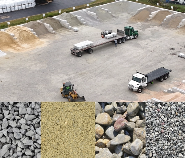 Picture of our bulk product bins in Delaware where we sell hardscape construction basses and decorative gravels