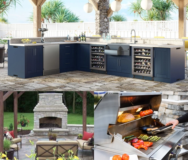 Montage of outdoor living features including outdoor kitchens, fireplaces and grills