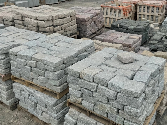 A picture of part of our Belgian Block - also called cobblestone - inventory at Pantano