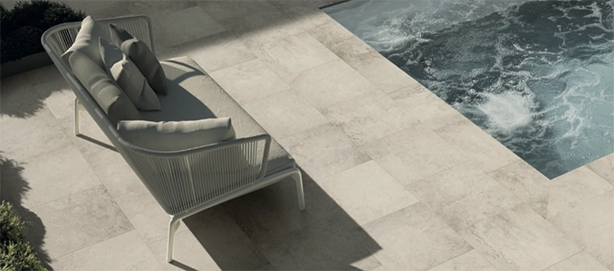 An example of outdoor porcelain pavers used on a pool deck