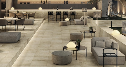 a picture of porcelain pavers that look like travertine stone.