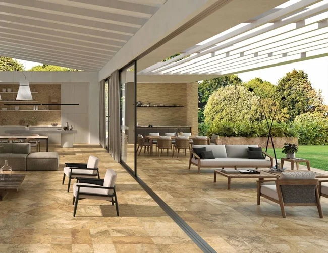 This images shows the indoor/outdoor versatility of porcelain