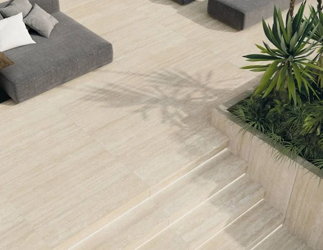 Our travertine inspired porcelain includes materials for steps and wall veneer