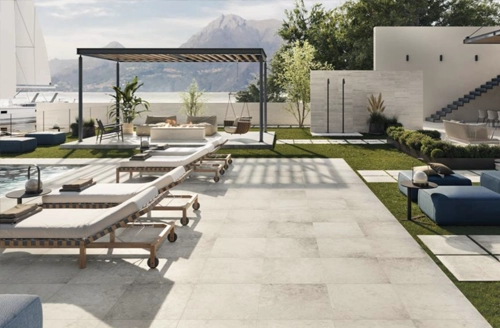 Image of travertine inspired porcelain pool deck and patio