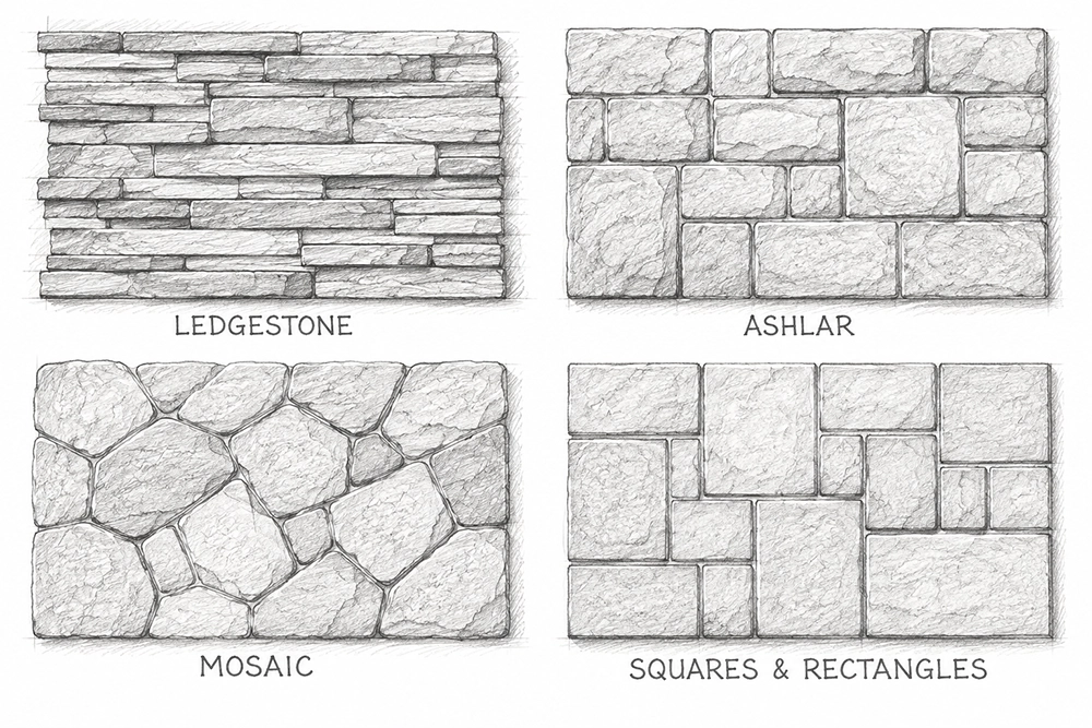 an illustration showing the 4 basic veneer stone styles (shapes, or cuts)