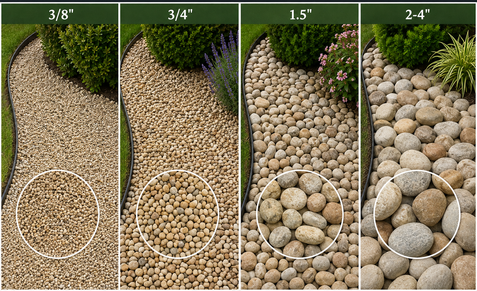 a graphic showing the 4 different sizes of goose egg landscape gravel we sell