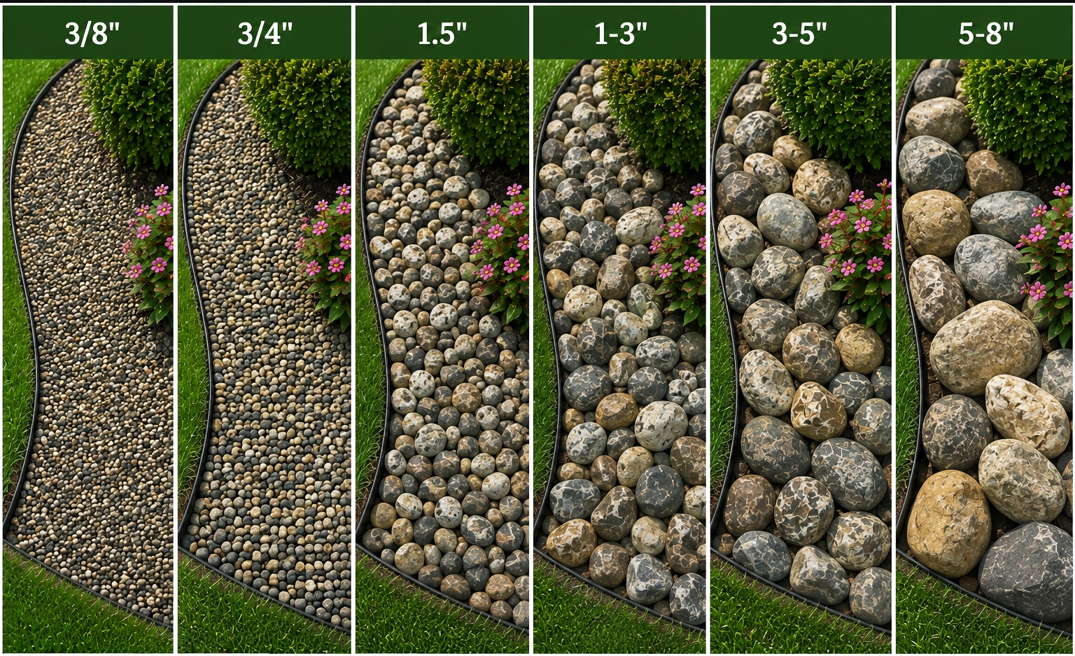 a graphic comparing the 6 different sizes of river jack gravel we sell