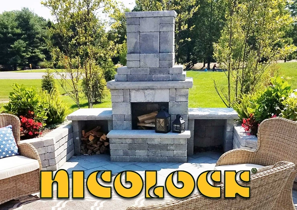 a picture of a nicolock fireplace kit and a link to more information
