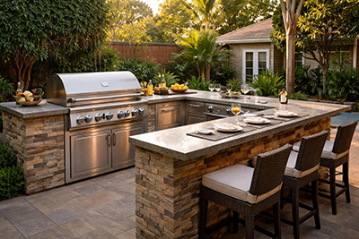Outdoor kitchen frames typically require either a stone, brick or other material finish to cover the frame. We sell a wide variety of thin veneer and natural stone veneer for fireplace cladding